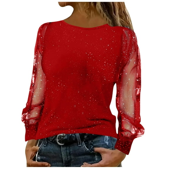 Maplenight Women's Shiny Sequin Shirts Sheer Mesh Long Sleeve Tops Party Evening Bling Blouse Ladies Elegant Outfit
