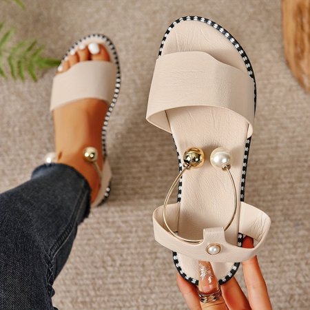 

SHYKU Women s Open Toe Solid Color Anti-skid Shoes Faux Pearl Metal Ankle Strap Flat Sandals Casual & Sandals-39