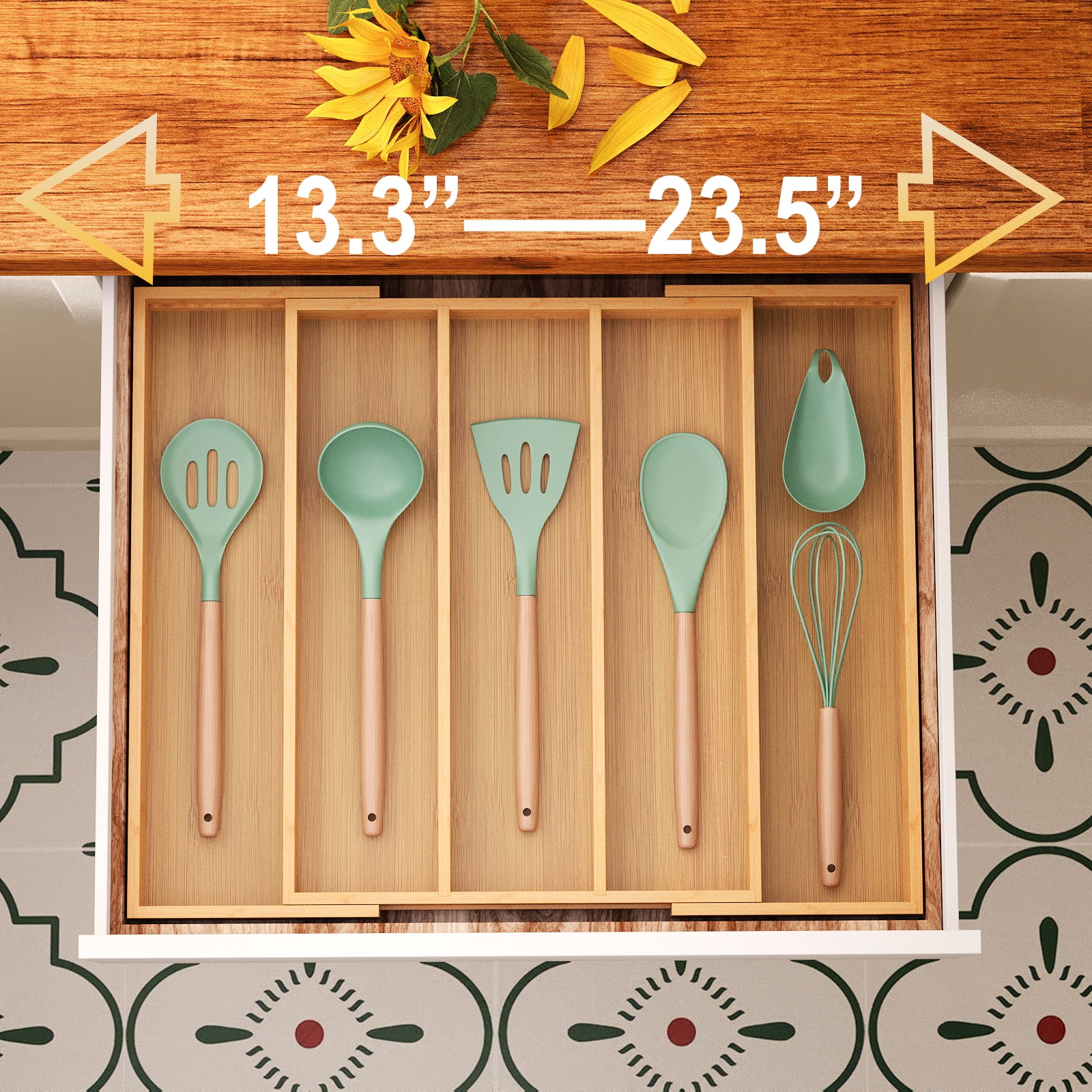 Danfoxer Expandable Kitchen Drawer Organizer,Bamboo Silverware Organizer,Adjustable Flatware Tray for Utensils(16.9*13.3~22.8*1.96)
