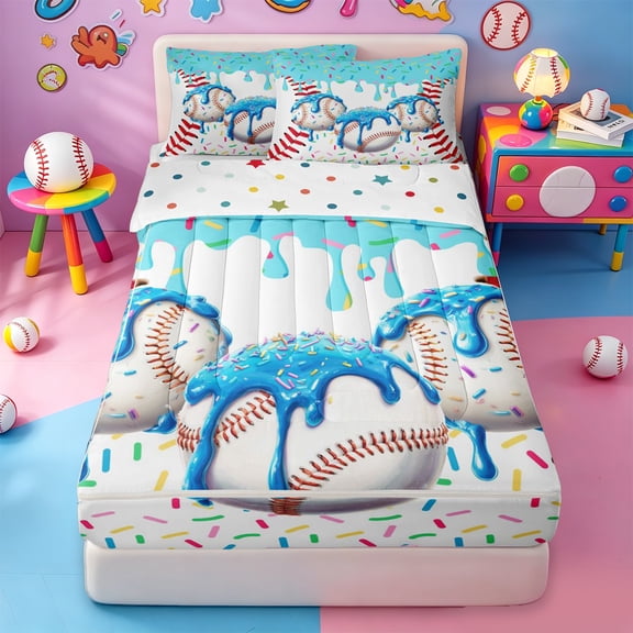meiyoeat Watercolor Baseball Cream Zipper Twin Comforter Sets with Fitted Sheet and 2 Pillowcases For Kids,Ball Ice Drip Zipper Bedding Set For Boys,Polkadot Reversible,4 Pieces