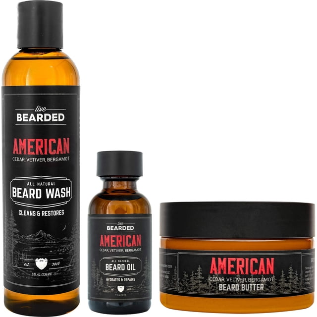 Live Bearded: Kit de cuidado de barba de 3 pasos - Americano - Aceite para barba y mantequilla para barba - Ingredientes naturales con manteca de karité, aceite de jojoba y más - Apoyo al crecimient