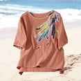 thumbnail image 6 of Women's Crinkle Cotton Feather Print T-Shirt Casual Round Neck Short Sleeve Boho Blouse Top, 6 of 7