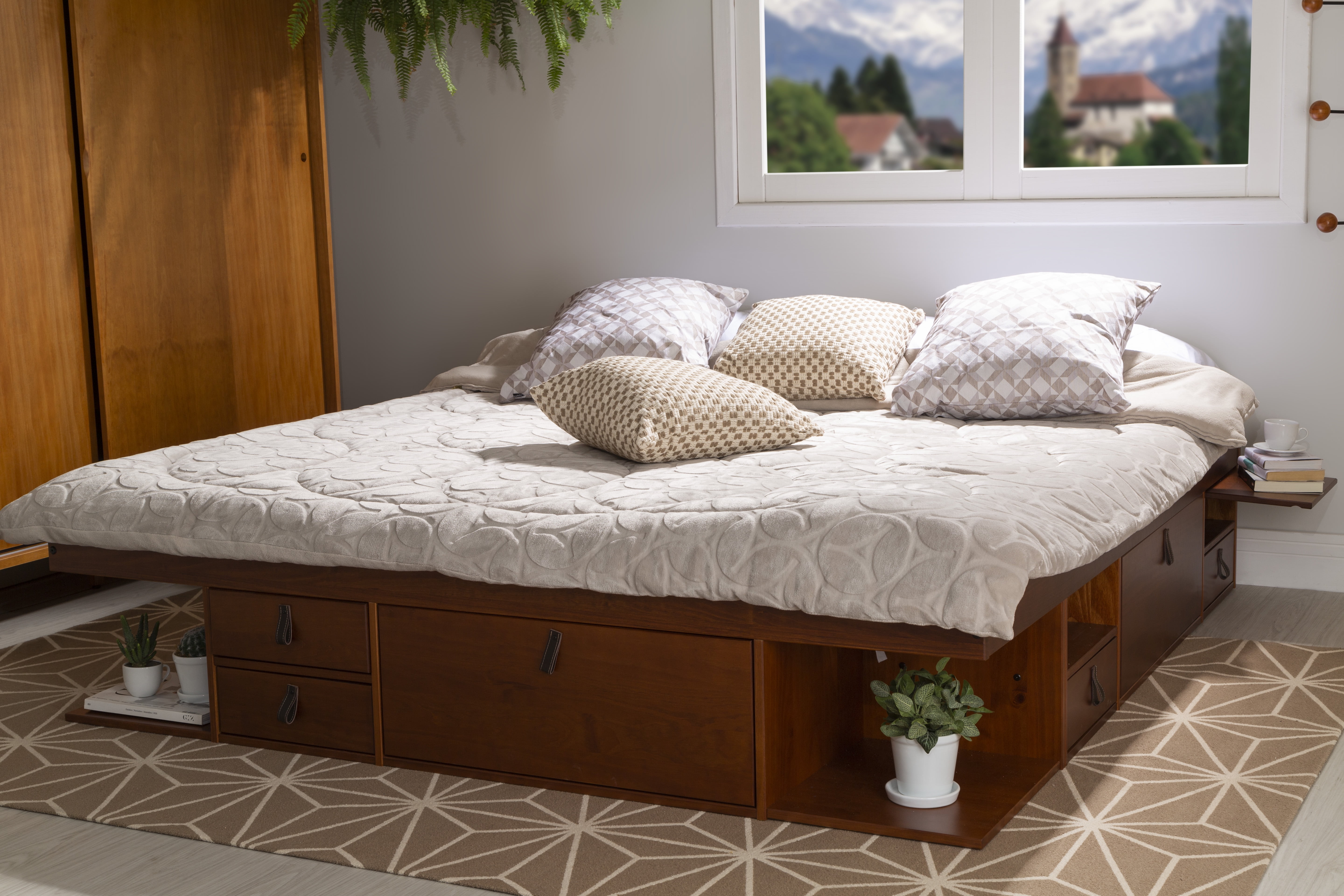 Memomad Bali King Size Bed Frame with Built in Storage Drawers Compartments Solid Pine Wood Caramel Brown Walmart