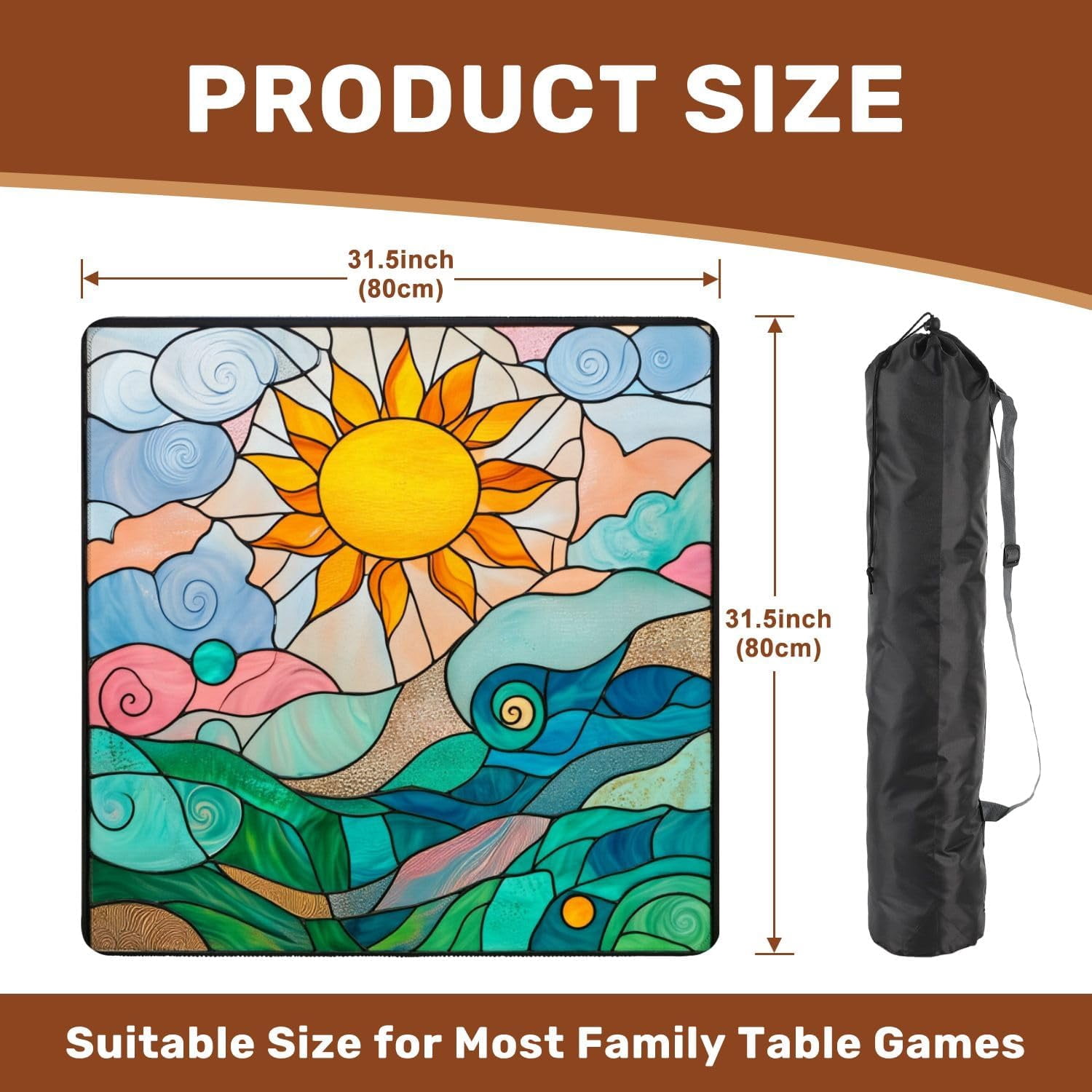 Mahjong Mat with Carrying Bag 31.5" x 31.5" Non-Slip Noise Reduction Vibrant Stained Glass Landscape Sun Hills Swirling Sky Table Mat for Mahjong Poker Dominoes Card Board Tile Games
