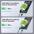 thumbnail image 4 of PD & QC Dual Port Type C Charger Block Fast Wall Charger with 2Pcs 6FT Braided Cable, Power Adapter Compatible with iPhone 17/16/15 Pro Max iPad Pro Galaxy S26 Android, Green, 4 of 7