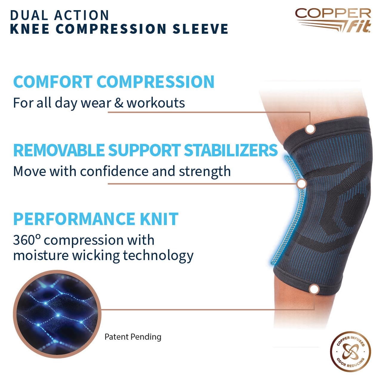 Copper Fit Dual Action Knee Support Compression Sleeve: Stability, Arthritis & Tendinitis (Black L/XL)