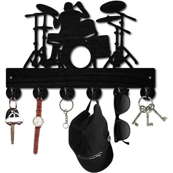 1 Set Drum Stand Key Holder for Wall Mounted Key Hook Wooden Key Hanger Holder Black Key Hanging Organizer Rack Wall Decorative with 6 Hooks for Entryway Front Door Hallway Office 12x7.5Inch