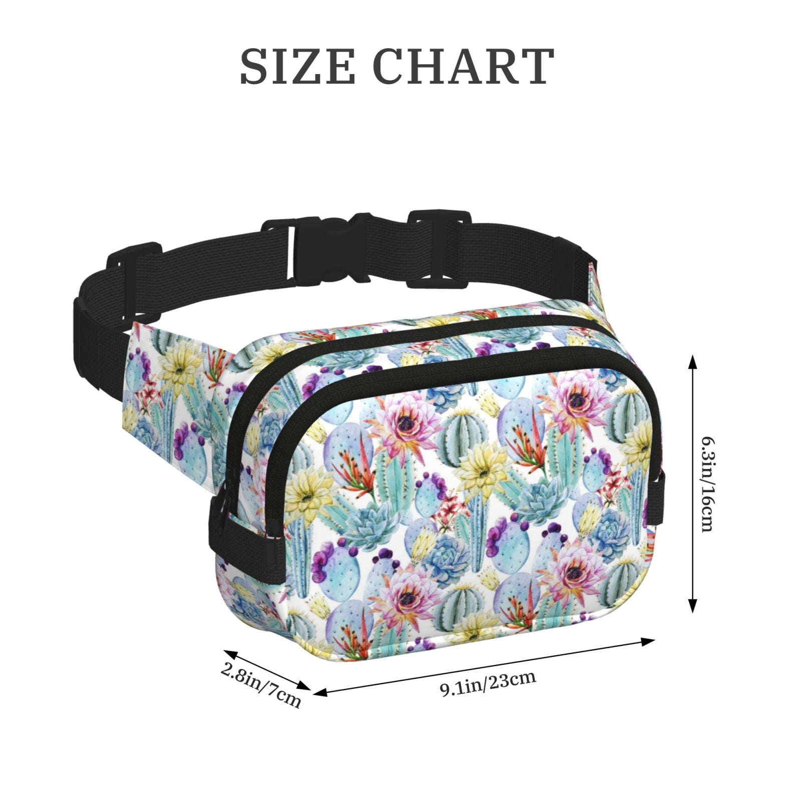 Picia Cactus Print Square Double-Layer Waist Bag Mini Adjustable Waist Belt Bag Exercise Running Travel Hiking