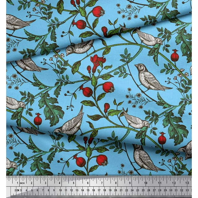 Soimoi Satin Silk Fabric Bird & Leaf Bird Print Fabric by the Yard 42 Inch Wide