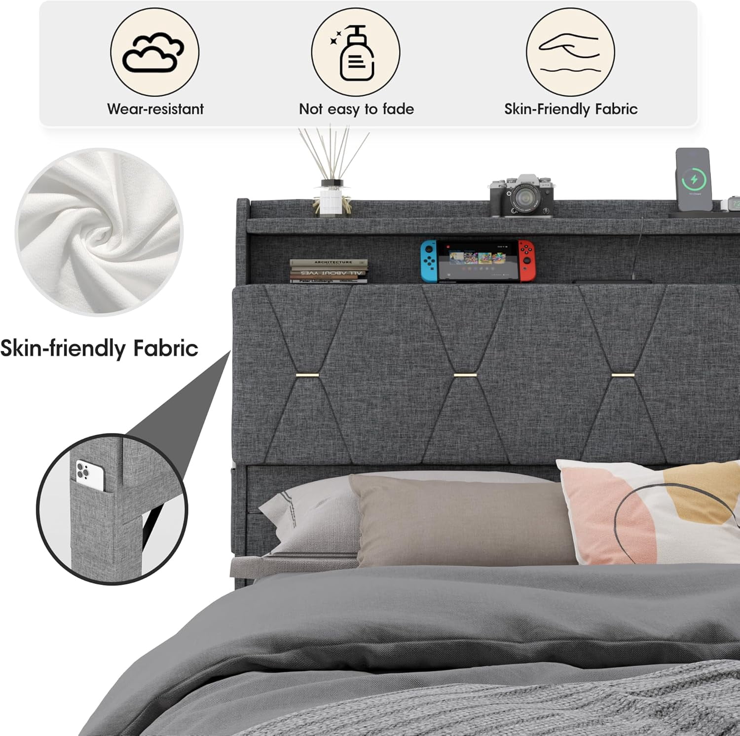 VEANERWOOD Queen Size Lift Up Bed Frame with Storage Headboard, Upholstered Platform Bed with Charging Station, LED Lights, No Box Spring Needed