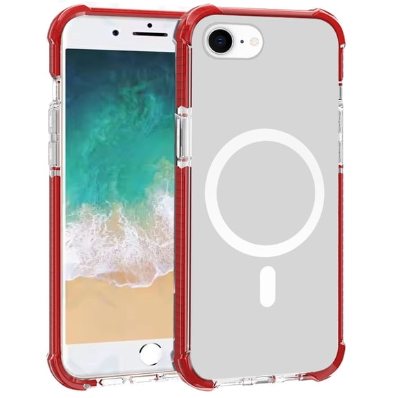 For Apple iPhone 16e Case, Magnetic Acrylic Case Transparent Back, Rugged Colorful Frame, Shockproof Hybrid, MagSafe Compatible Phone Cover (Clear / Red)