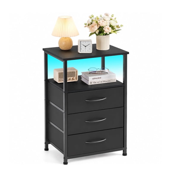Wooden Nightstand with LED Light, 3 Drawers, 2-Tier Shelf & Charging Station, Bedside Table for Home & Office