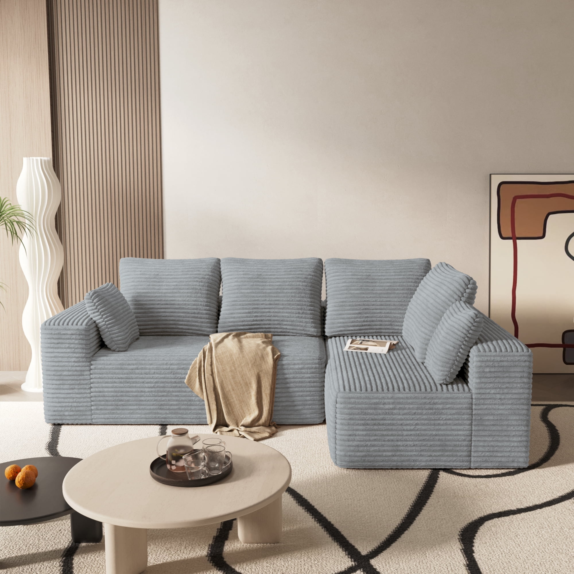 104.4" Modern L-Shaped Sectional Sofa for Living Room Bedroom, Modular Cloud Sectional Couch with Deep Seating Upholstered Sofa, Free Combination Sofa, Corduroy Upholstery, No Assembly, Gray Couch