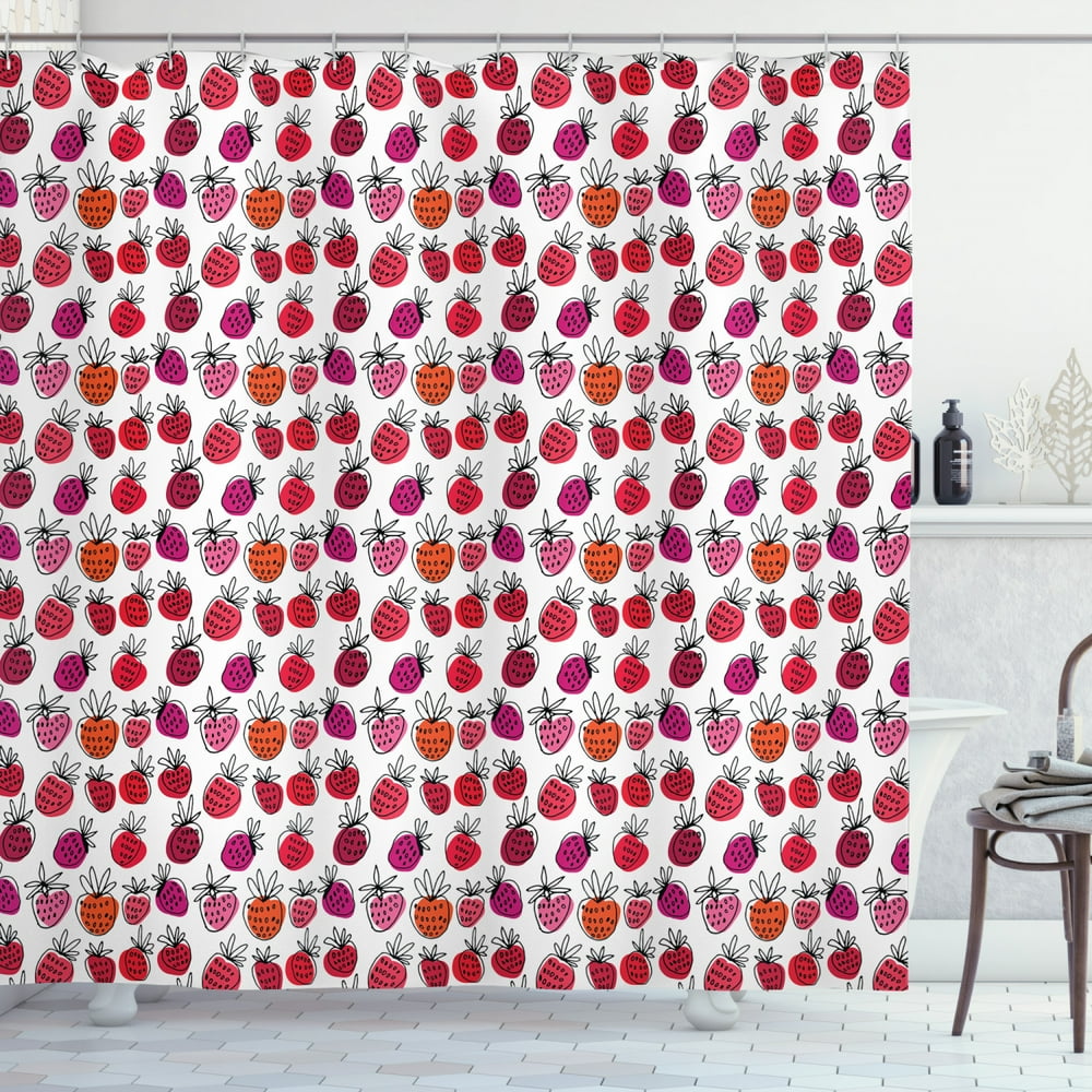 Strawberry Shower Curtain, HandDrawn Doodle Strawberries in Various