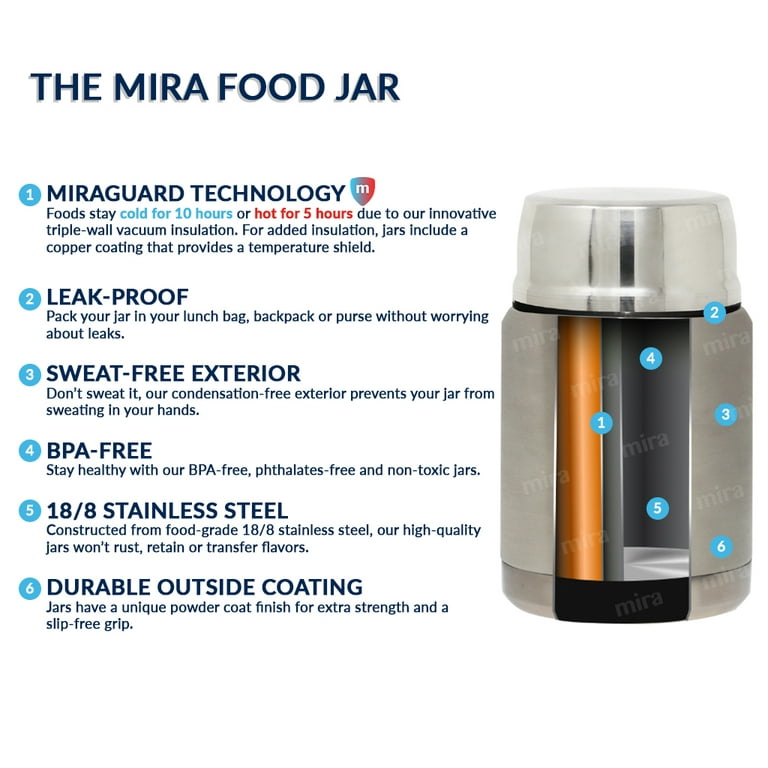 MIRA 15oz Thermos Food Jar with Spoon, Stainless Steel Vacuum Insulated,  Black 