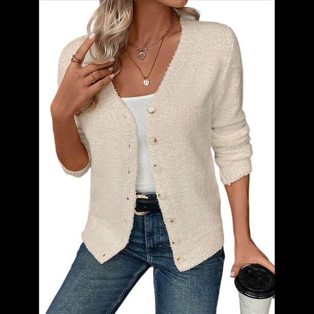 Suéteres para Mujer, Otoño Invierno, Cuello en V, Botones, Suéter, Chaqueta, Tops de Punto. Albaricoque M