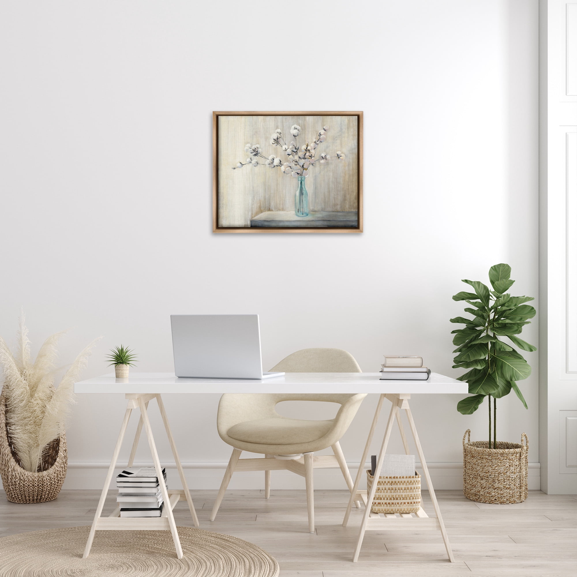 Stupell Industries Beautiful Cotton Flower Painting Botanical & Floral Painting Brown Floater Framed Canvas Art Print Wall Art, 31 x 25