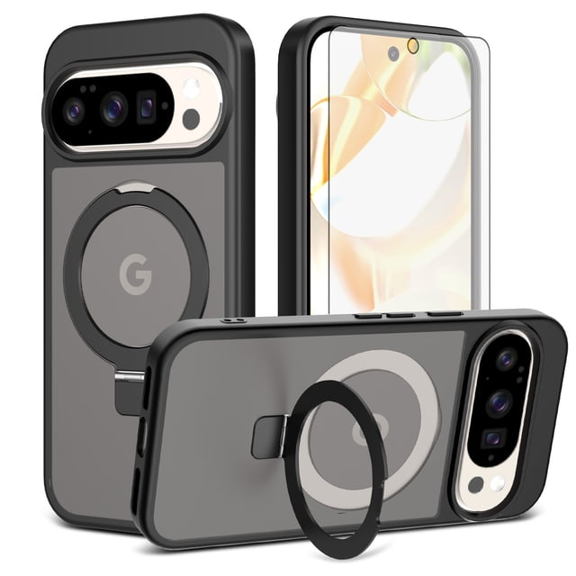 Asuwish Phone Case for Google Pixel 9/10/9 Pro/10 Pro 5G Tempered Glass Screen Protector Magnetic Bracket stand Translucent Shockproof Protective Cell Cover Pixel9 Pixel10 9Pro 10Pro Women Men Black