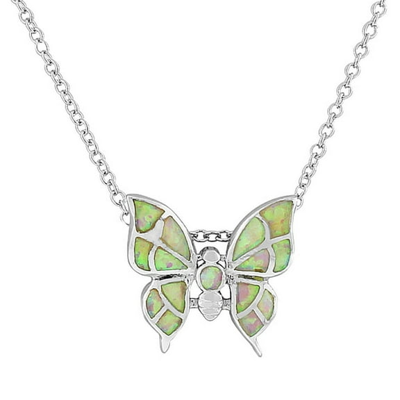 925 Sterling Silver Simulated Opal Butterfly Women's Pendant Necklace