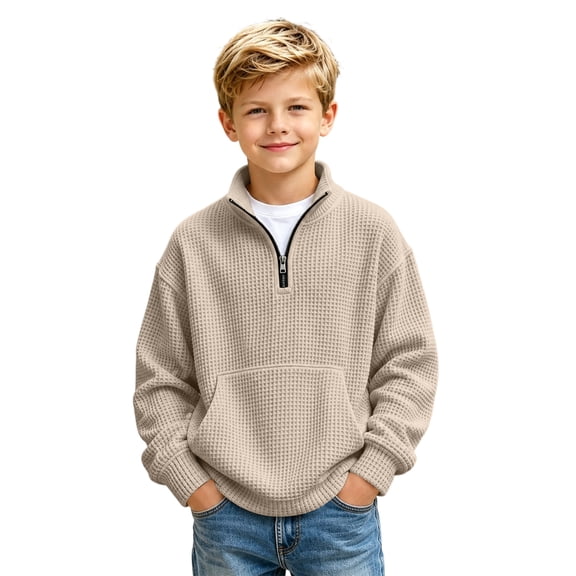 Abcomgle Kids Quarter Zip Pullover Crewneck Long Sleeve Kids Pullover Sweatshirts Fashion Waffle Knit Sweaters for Boys Casual Boys Fall Shirts