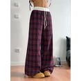 thumbnail image 6 of Women'S Plaid Checkered Pants Flannel Pajama Pants Lounge Wide Leg Baggy Sweatpants with Pockets Red XL, 6 of 10