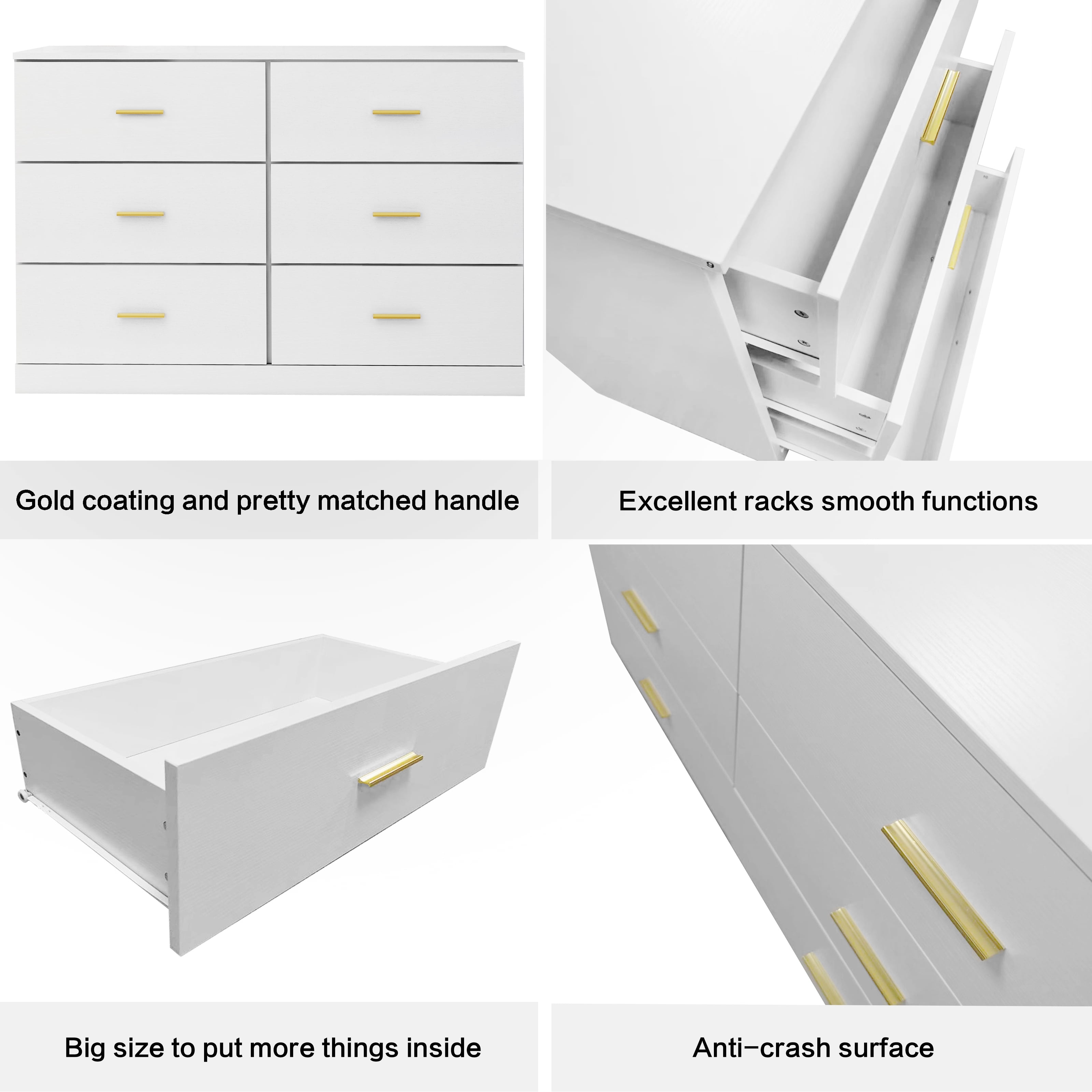 Yardi Yard Drawer Dresser, 6 Wooden Drawers Storage Dresser, Modern Chest of Drawer with Gold Handle, Bedroom, Living Room, White Yardi Yard Drawer Dresser, 6 Wooden Drawers Storage Dresser, Modern Chest of Drawer with Gold Handle, Bedroom, Living Room, White