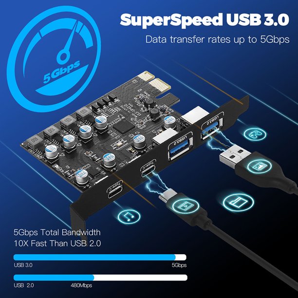 Tarjeta Pcie Usb3.0 Tarjeta Pcie Usb 3.0 2 Puertos Usb A + 2 Puertos Usb C/Tarjeta Controladora De Expansión Usb 3.2 Gen1 Kuymtek Para estrenar