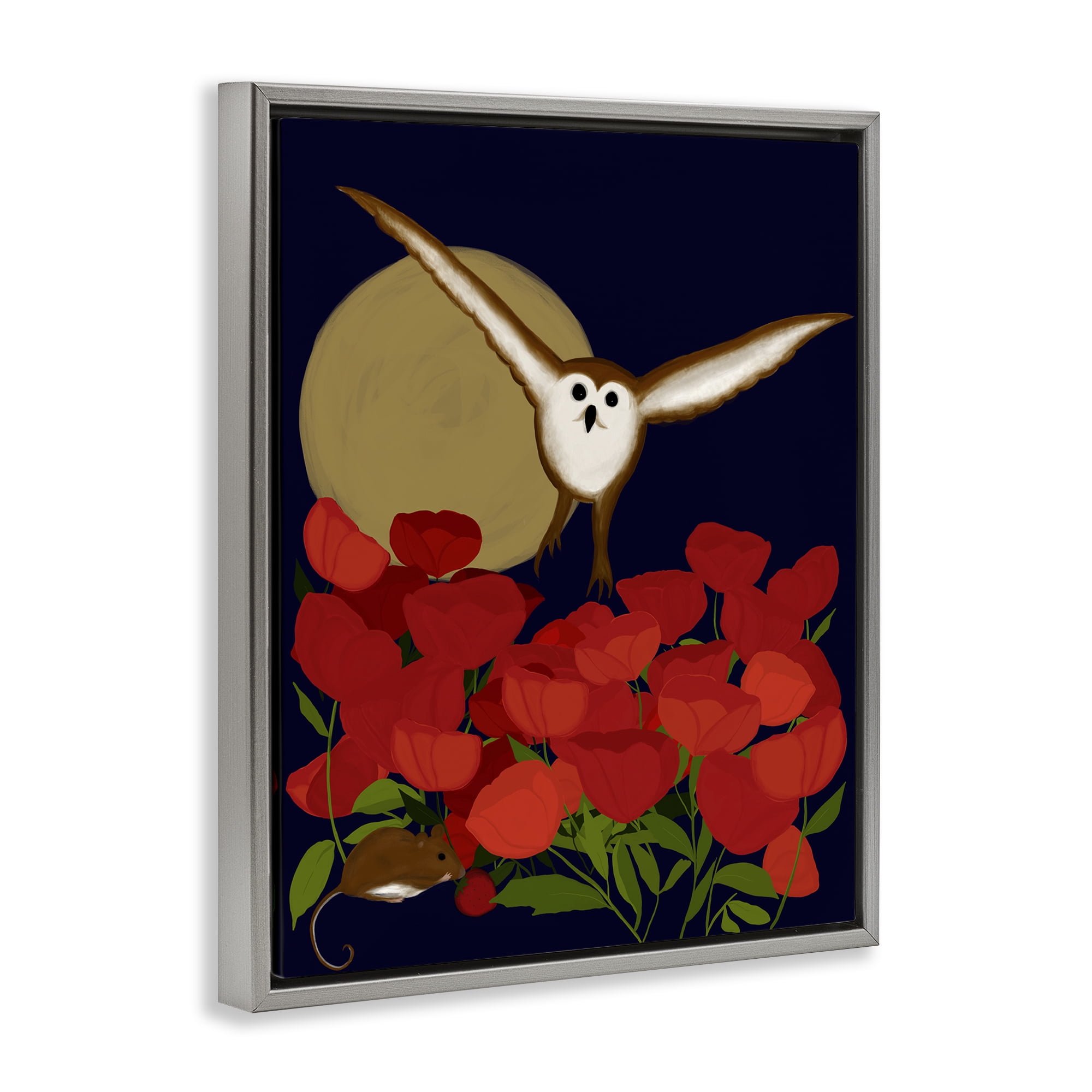 Stupell Industries Owl over Poppy Field Animals Painting Gray Floater Framed Canvas Art Print Wall Art, 17 x 21