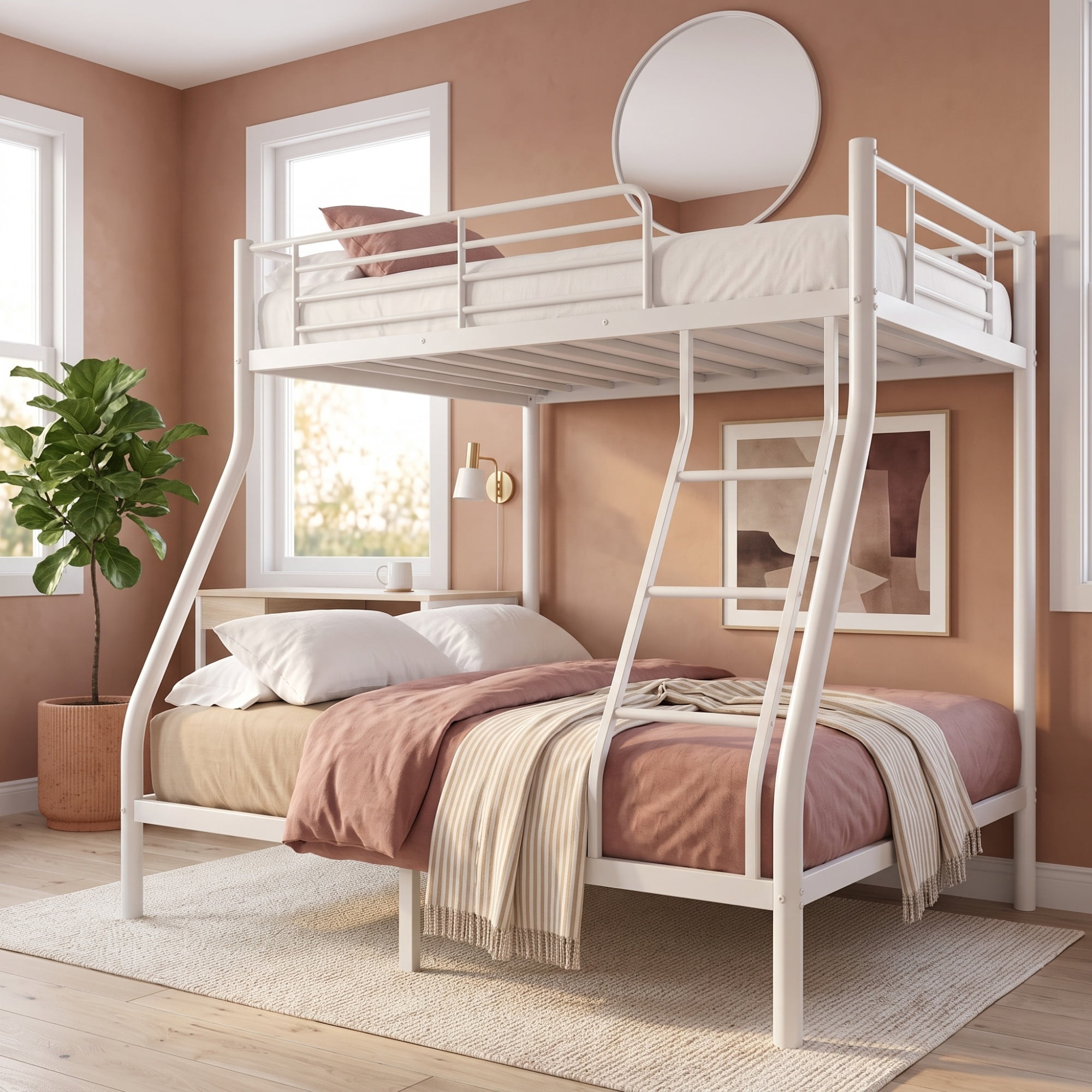 GARITIN Twin Over Full Bunk Bed and Sturdy Metal Bed Frame, Space Saving Bunk Bed with Safety Guardrails and Ladder for Teens Adults Kids and Shared Rooms, No Box Spring Needed, White