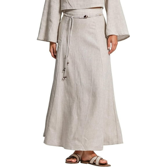 Amazhiyu Women's 100% Linen A-line Maxi Skirt with Matching Belt Summer Casual