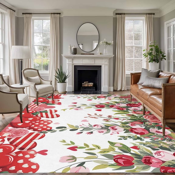 Valentine's Day Area Rugs 8'x10', Small Throw Rugs for Living Room Patio, Spring Love Roses Floral Botanical Watercolor Indoor Outdoor Rug Non-Slip Low Pile Carpet Runner Reversible Floor Mats