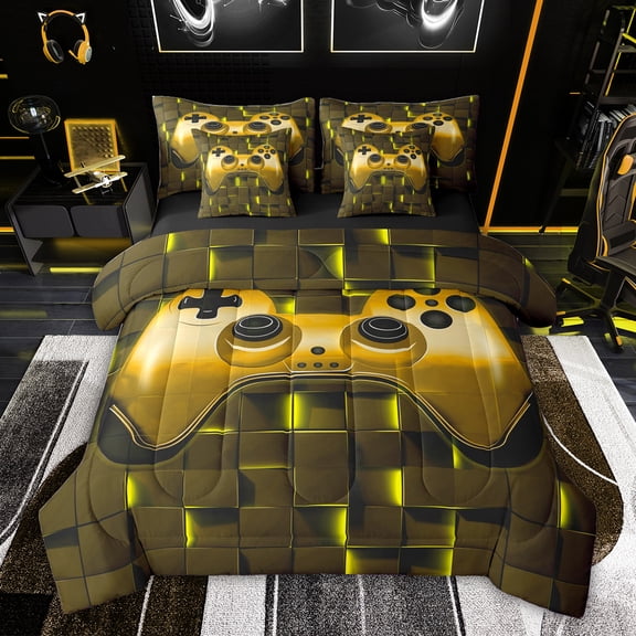 Feelyou Gold Game Controller Twin Bedding Sets 7-Piece, Neon Honeycomb Abstract Bedding Comforter Set, Teens Kids Boys Girls Reversible Sheet Sets, Breathable Home Decor
