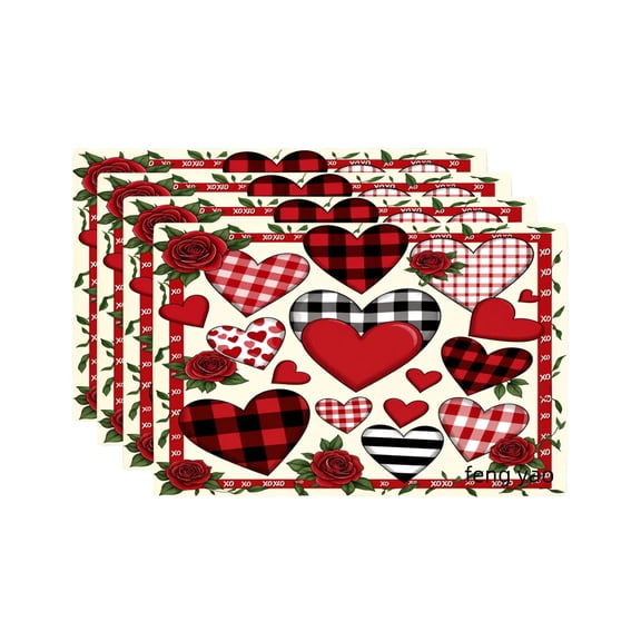 Amarainy Valentine Hearts Plaid Roses Table Mats Set of 4 for Home Kitchen Table Decor 12x18 inch