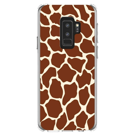 DistinctInk Clear Shockproof Hybrid Case for Samsung Galaxy S9  PLUS (6.2" Screen) - TPU Bumper, Acrylic Back, Tempered Glass Screen Protector - Brown Tan Beige Giraffe Skin Spots - Animal Print