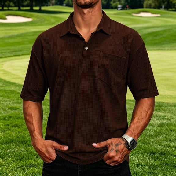 COSFO Casual Men's Polo Shirts Short Sleeve Brown Waffle Shirt Loose Fit Golf Pullover Collared with Pocket Tops
