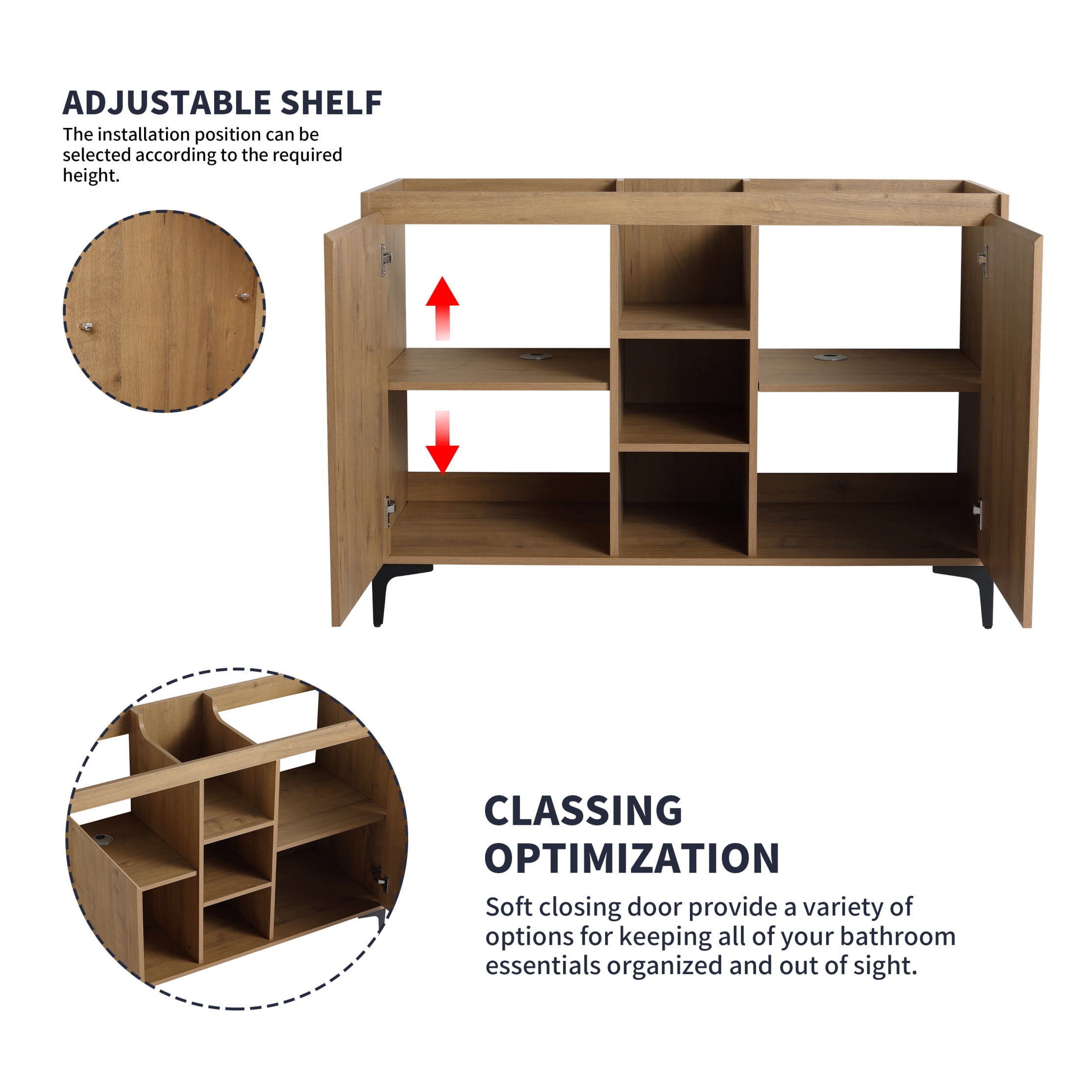 Noble House 48" Freestanding Bathroom Vanity, Double Resin Sinks, Soft-Close Doors, Adjustable Shelves, Imitative Oak