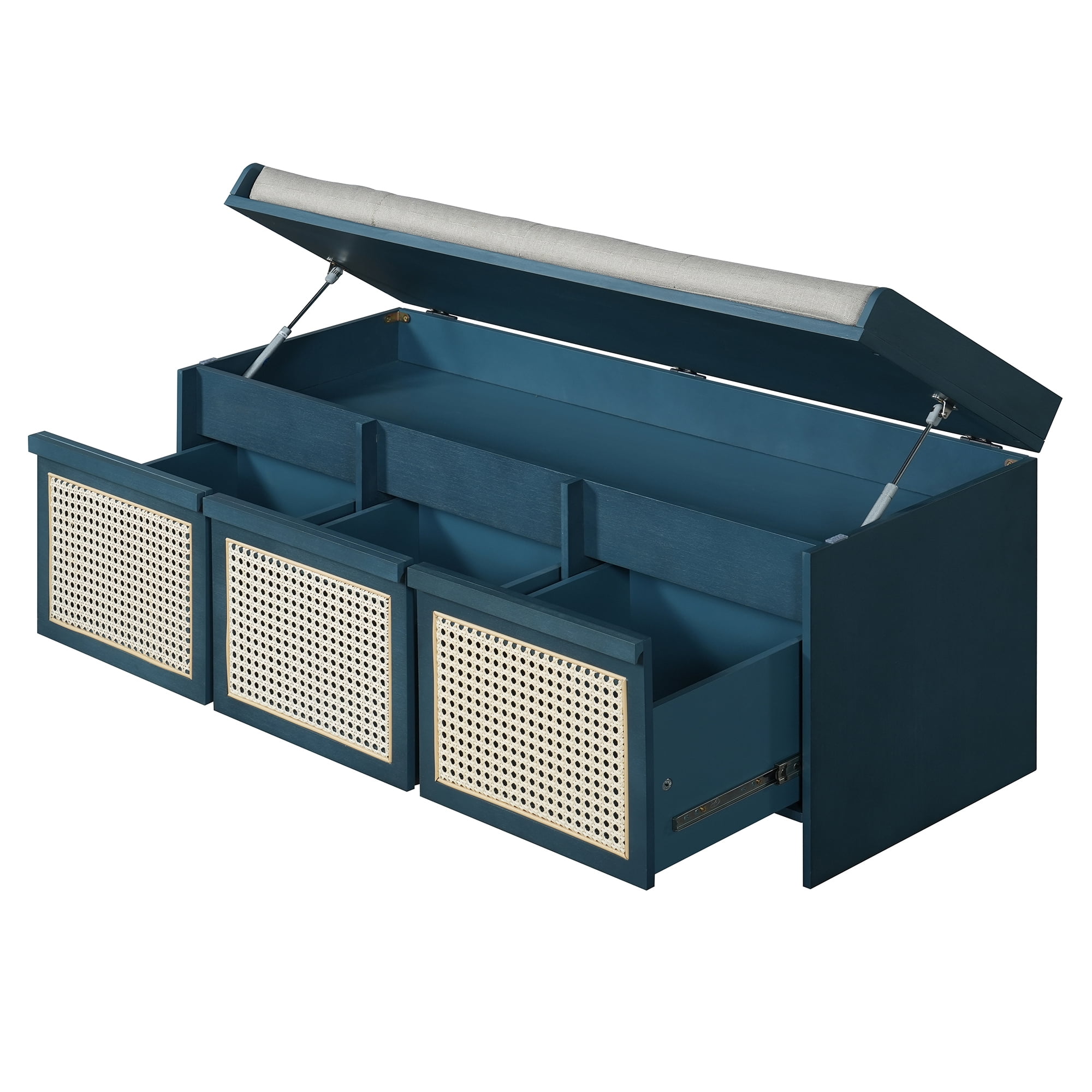 Euroco 48" Shoe Storage Bench, Retro Entryway Bench with 3 Rattan Drawers,Lift Top Storage & Removable Upholstered Cushion,Wooden Shoe Rack Bench for Living Room, Hallway, Foyer,Antique Navy