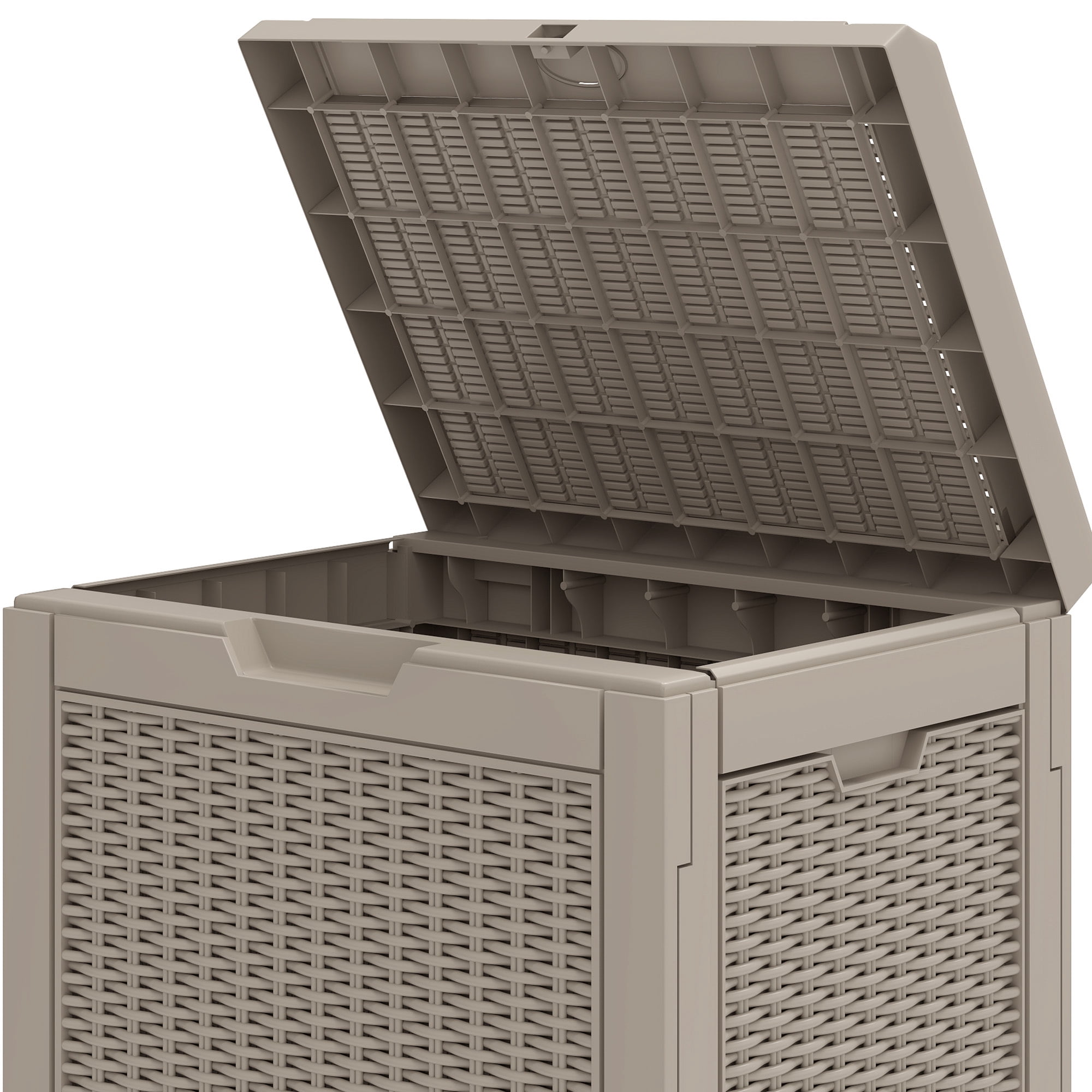 Uforic 35 Gallon Resin Outdoor Deck Box, Lockable Waterproof UV Resistant Storage Container for Patio Cushions Garden Tools, Light Brown
