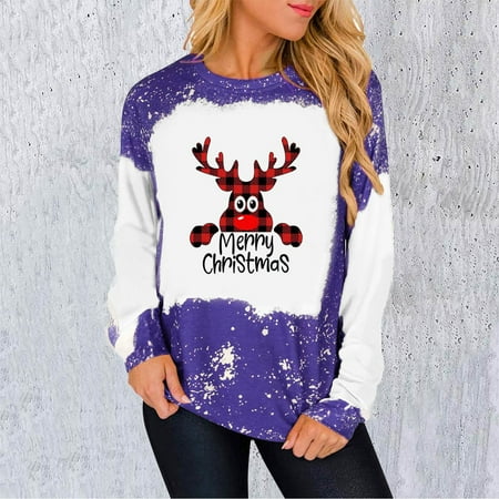 

jsaierl Christmas Sweatshirts for Women Crewneck Long Sleeve Shirts Deer Pattern Tops Dressy Casual Bleached Blouse Tee Pullover Christmas Gifts for Women