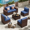 thumbnail image 6 of UDPATIO 6-Piece Patio Furniture Set, Outdoor Patio Sofa Set With Wide Armrest, All-Weather Wicker Rattan Guest Set With Cushion And Glass Table And Waterproof Cover, Brown & Navy Blue, 6 of 11