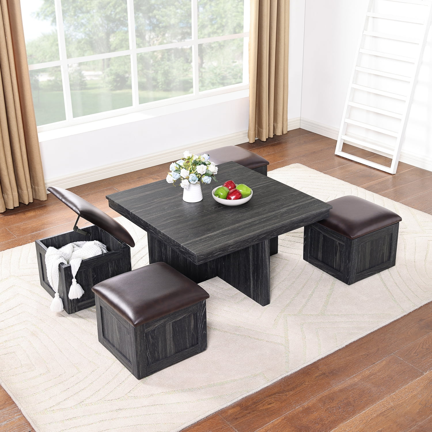 Holaki Coffee Table with 4 Storage Stools, Space Saving Living Room Folding Dining Table, Office