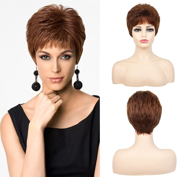 Women Short Straight Auburn Wig Textured Style Adjustable Bangs Synthetic Hair