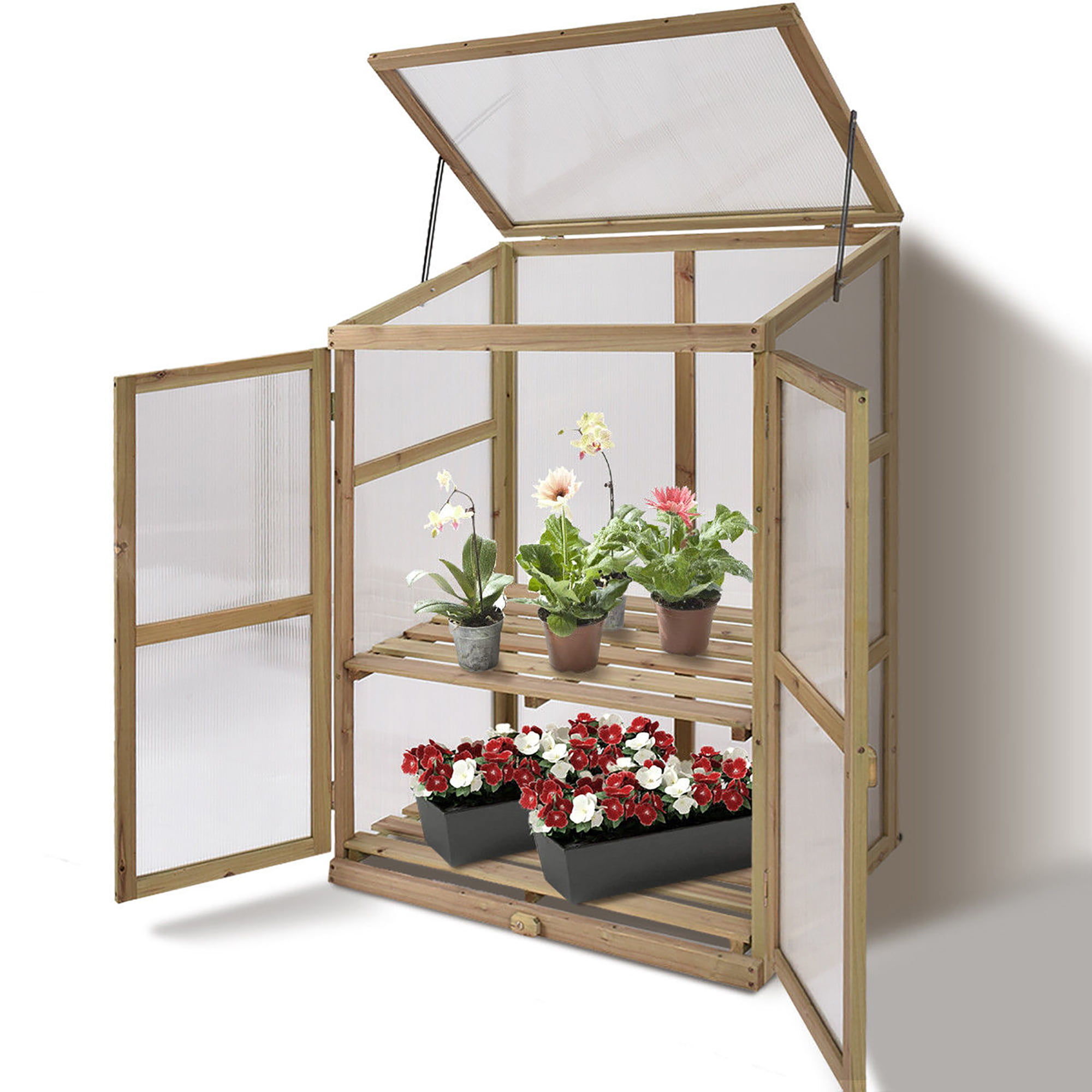 Transparent Grow House for Plant Flower Vegetable Outdoor Polycarbonate Greenhouse with 2 Independent Lids COSTWAY Wooden Cold Frame