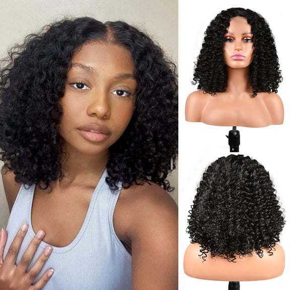 WINSKY 14” Glueless Wigs 150 Density Heat Friendly Synthetic Lace Front Wigs Deep Wave Bob Wig Short Curly Wigs for Black Women
