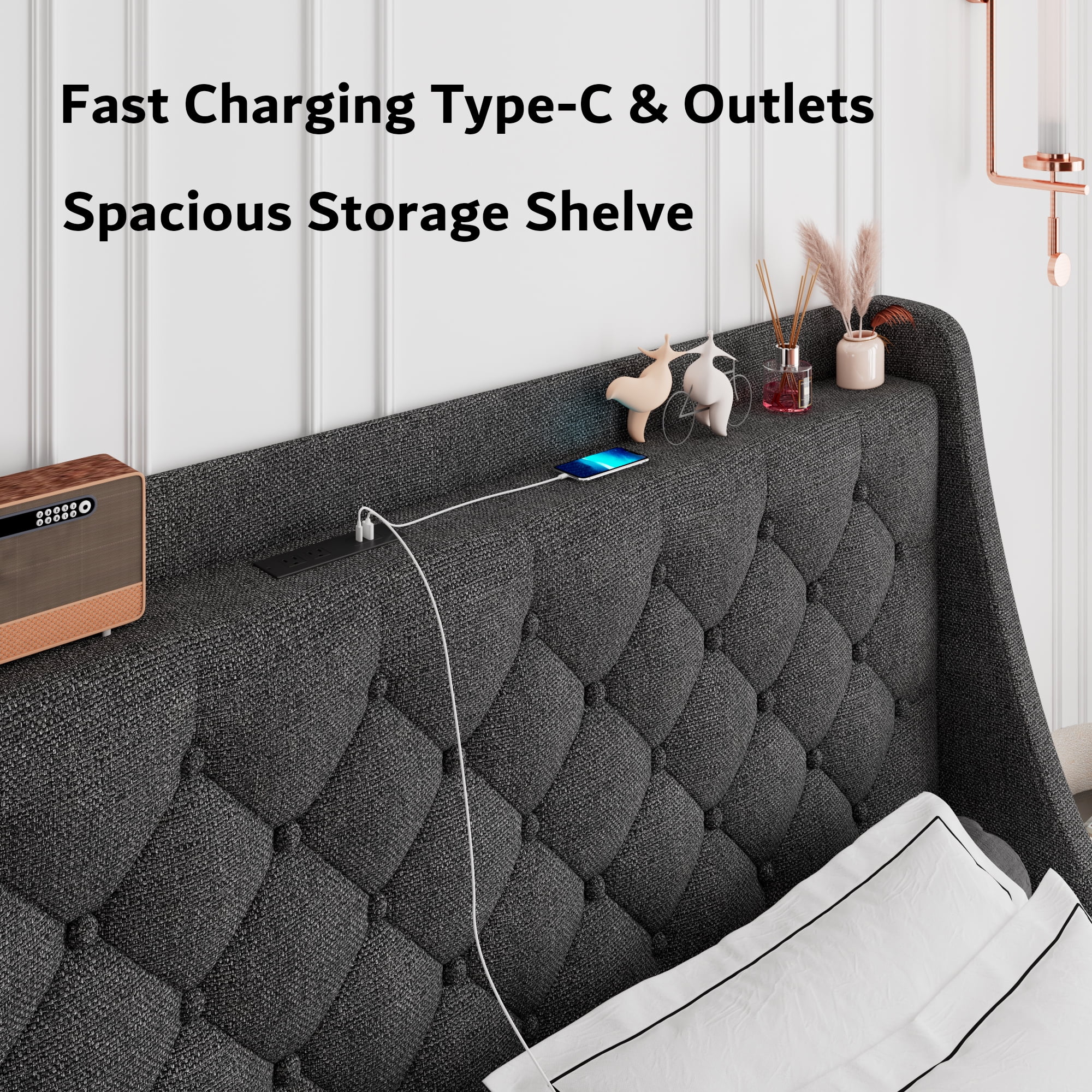 Virans King Bed Frame with 4 Storage Drawers, Upholstered Platform Bed Frame with Type-C & USB Ports, Wingback Storage Headboard, Dark Gray