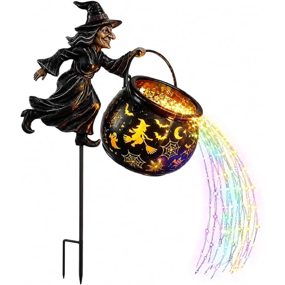Halloween Witch Cauldron Garden Light, Solar Halloween Decorations Outdoor with Colorful Waterfall Light Flow, Flying Witch Garden Stake with Projector Lights for Yard Lawn Patio Walkway Porch Party