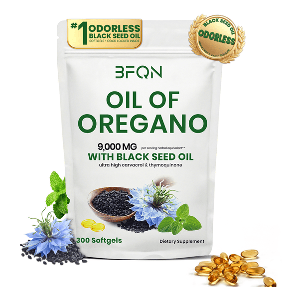 BFQN Organic Oregano & Black Seed Oil Capsules, High-Potency Carvacrol & Thymoquinone, Immune Support, Gluten-Free, 300 Softgels