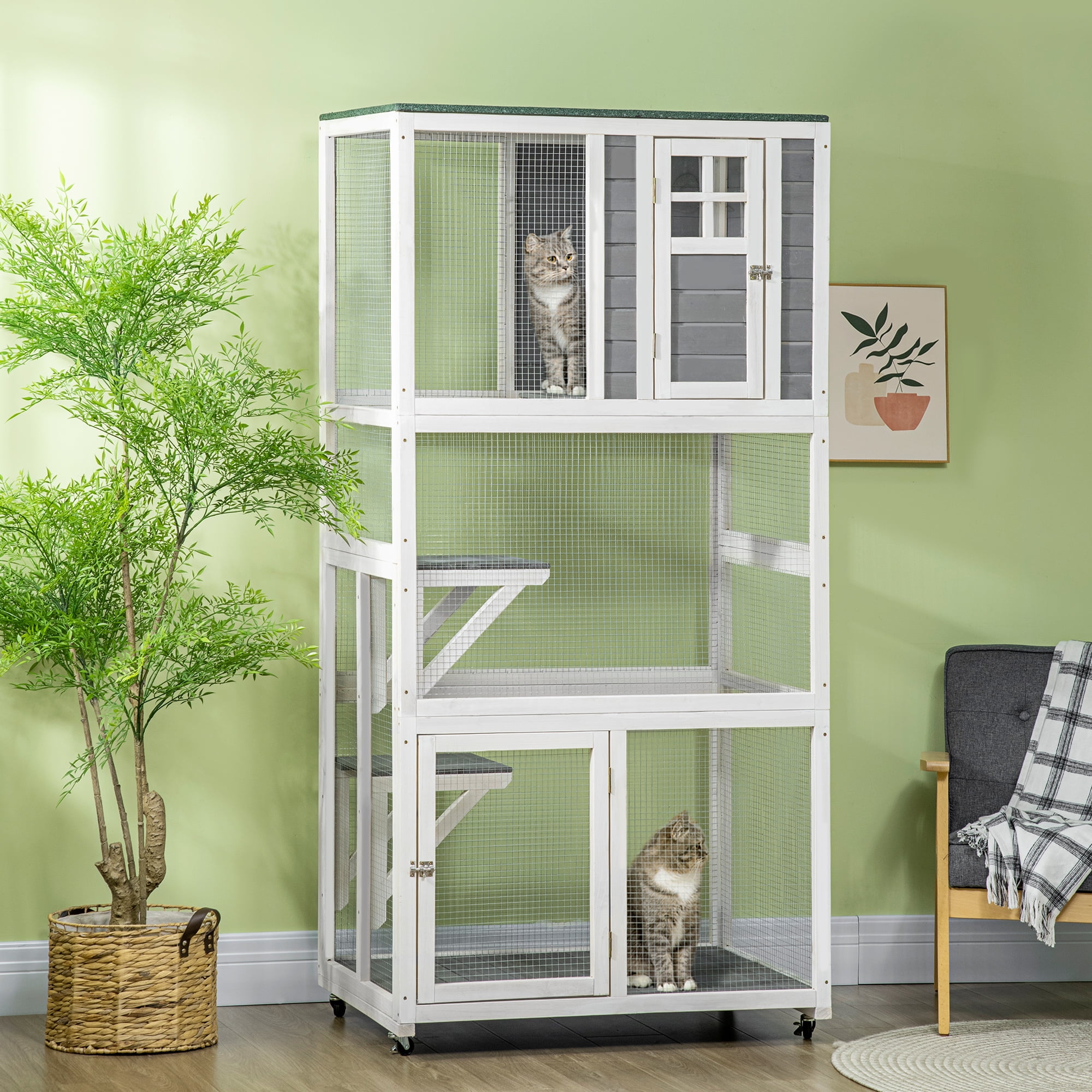 CoSoTower 74" Wooden Outdoor Cat House Weatherproof & Wheeled, Catio Outdoor Cat Enclosure with High Weight Capacity, Kitten Cage Condo, Gray