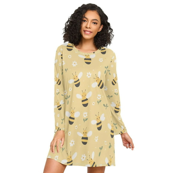 FORMRS Womens Long Sleeve Nightgowns Crew Neck Sleep Shirt Soft Pajamas Sizes S-3XL, Cute Bee Pattern