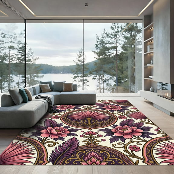 ODIKA 4' x 6' Machine Washable Non-Slip Area Rug, oriental floral High Traffic Rug, Pink, 1117403